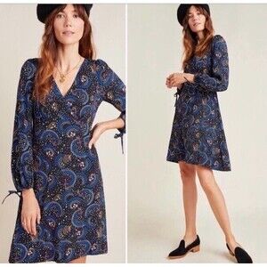 Anthropologie Maeve Mini Dress Gianna Floral Surplice Puff Sleeve Navy Medium 10